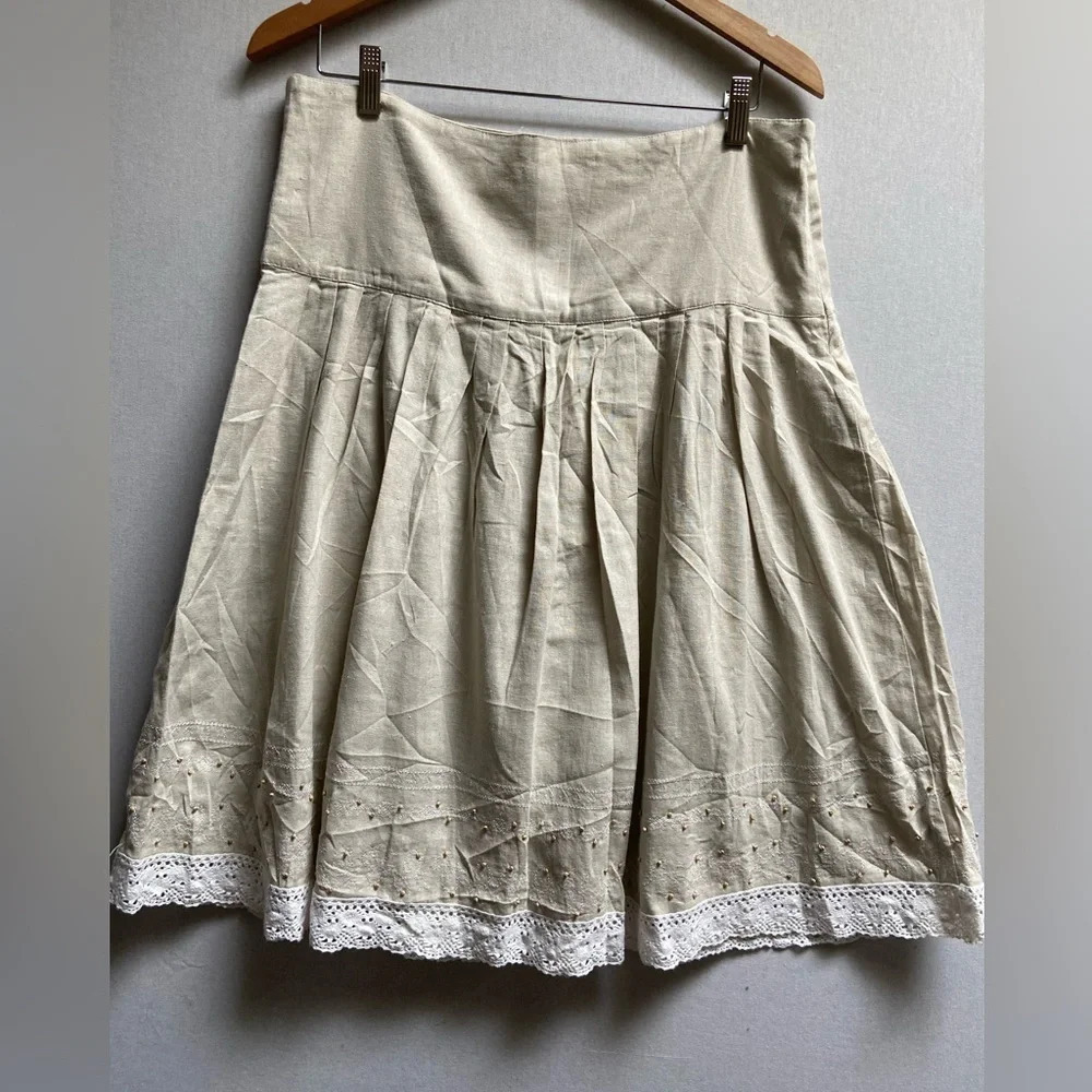 Ninety linen beaded hem high waisted pleated skirt Sz 34